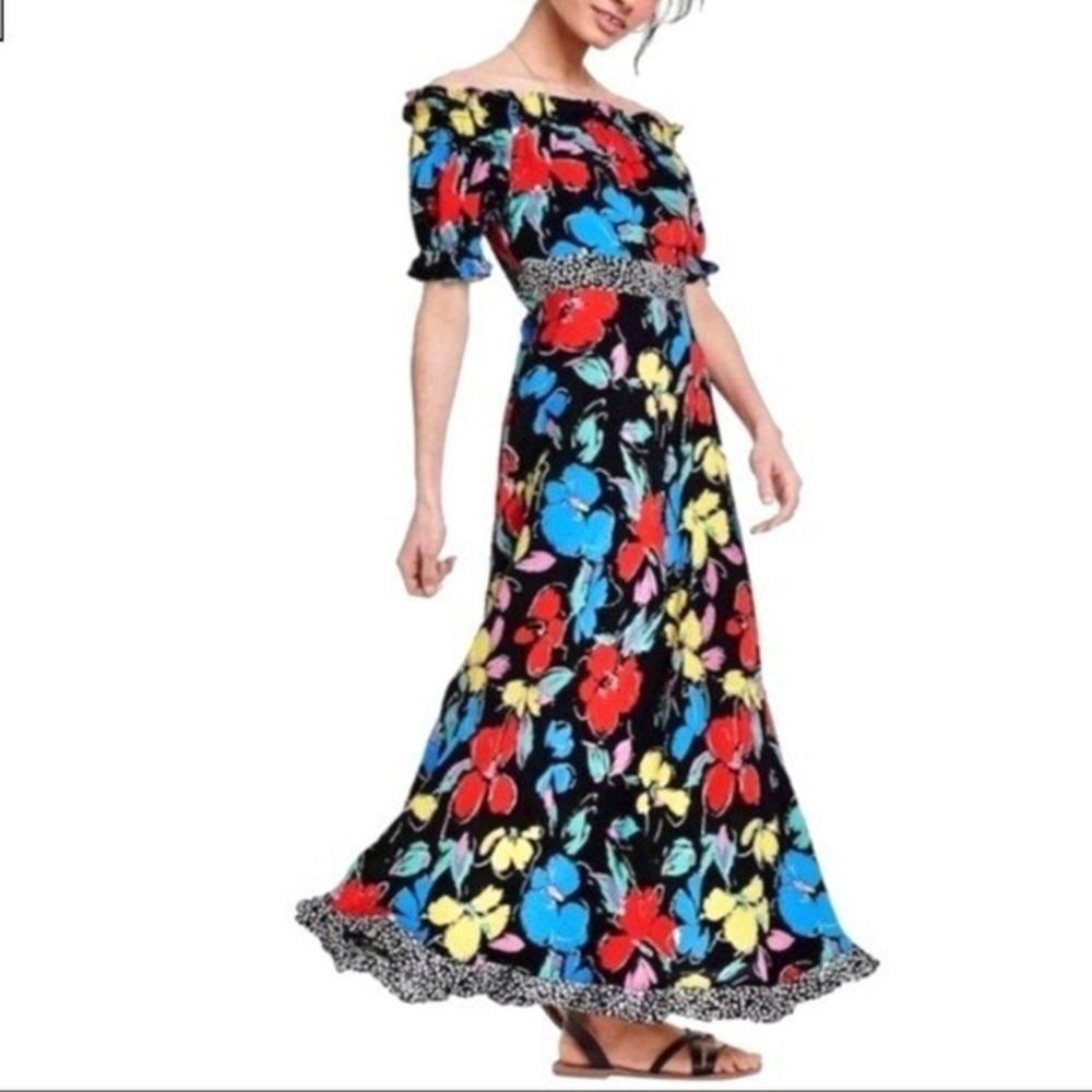 RIXO x Target Maxi Dress Women 4 Black Floral Off Shoulder Puff Sleeve Colorful‎